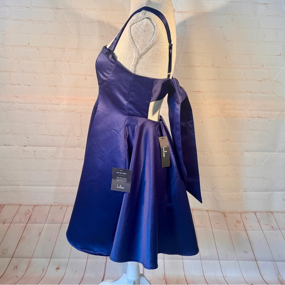 🆕 Lulu's Flawlessly Flirty Dress Navy Bows Open Back Adjustable Mini Satin 6 8 M - Picture 6 of 13